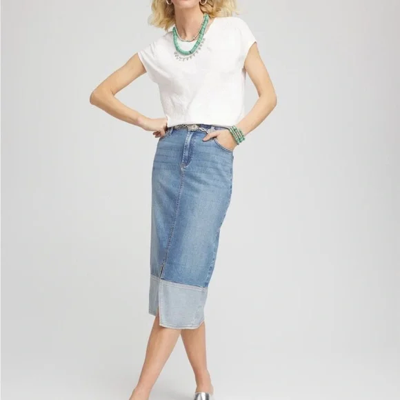 Chico's Blue Midi Pencil Skirt with Front Slit - Picture 2 of 4